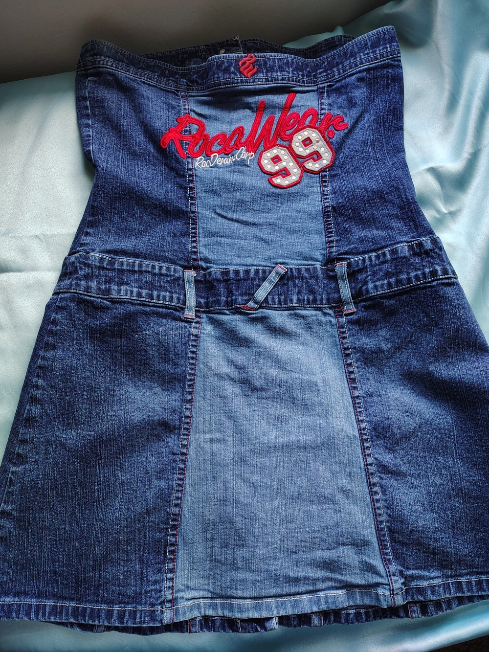 Rocawear Two-Tone Blue Denim Strapless Dress with Red Logo